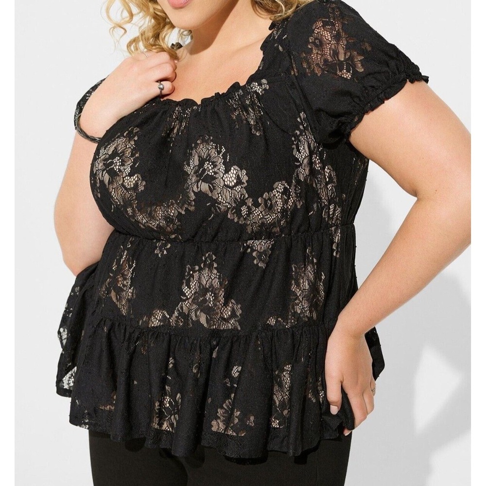 Torrid Black Floral Lace Peplum Babydoll Top Square Neck Puff Sleeve 1 1X 14 16